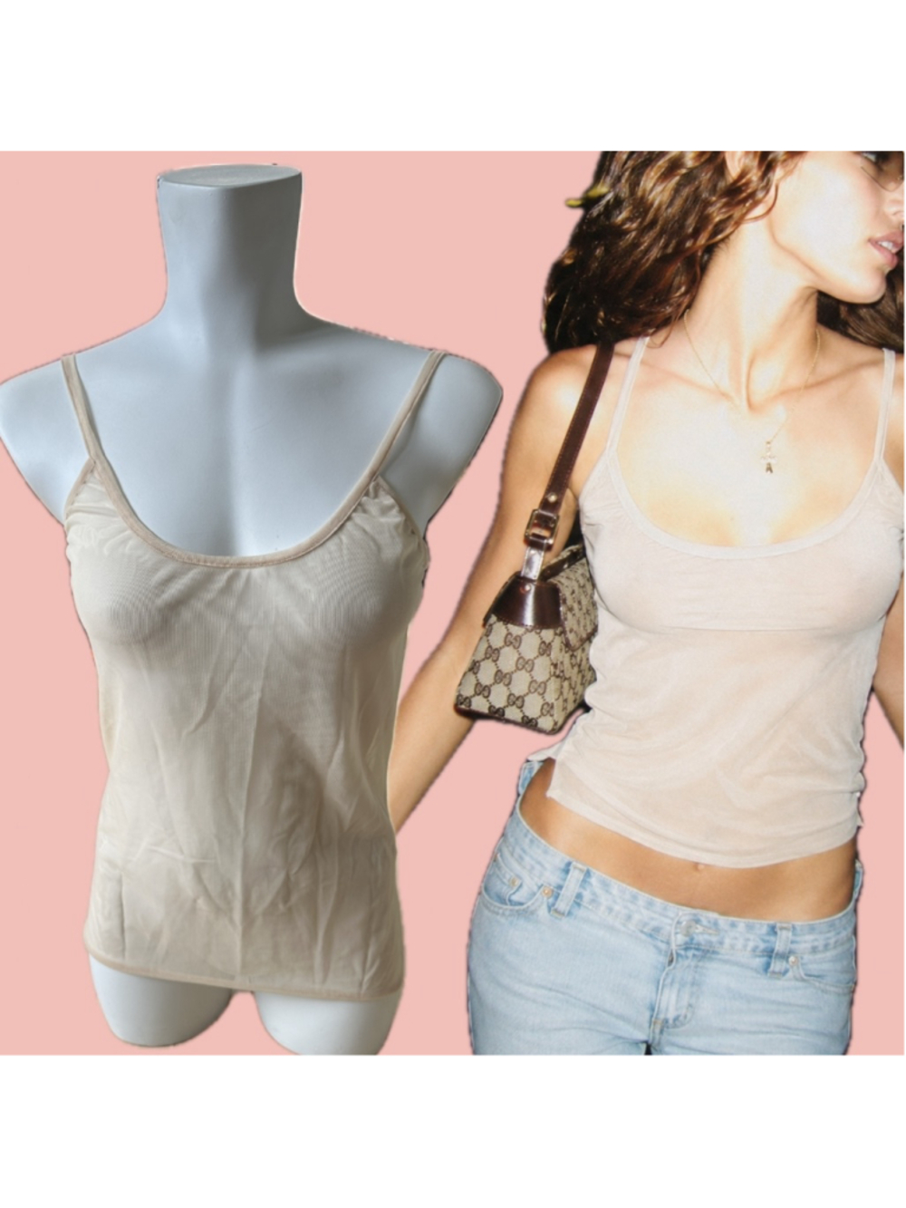 Vintage Sheer Mesh Camisole Tank Top Made in Canada Nude Beige Y2K LG
